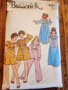 Butterick #4003 Vintage-Style Pattern Girls Sz 6 Pajama, Nightgown & Robes 1970s